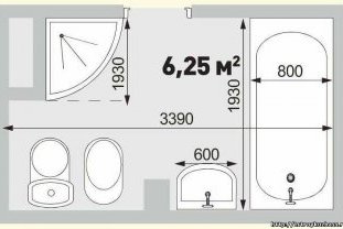 Проект: ванная комната, площадью 6.25 метров квадратных